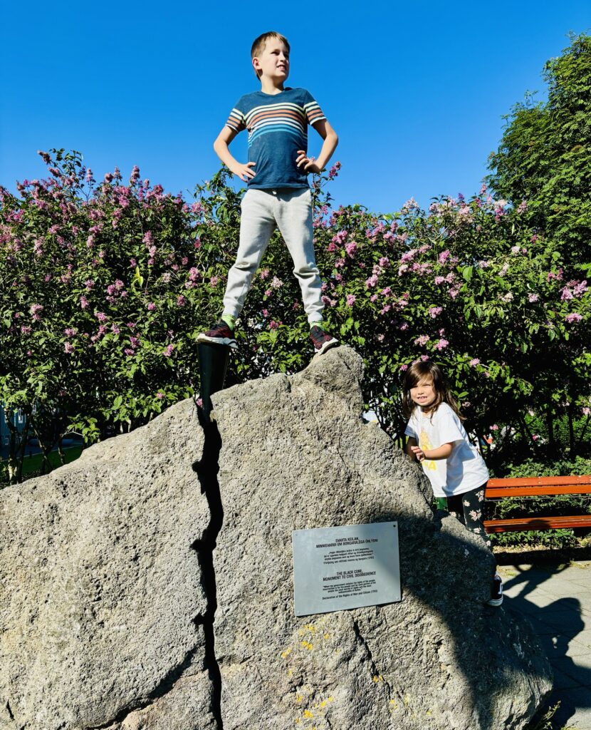 Two kids climb a rock with a black cone splitting it. A plaque reads “THE BLACK CONE, MONUMENT TO CIVIL DISOBEDIENCE
"When the government violates the rights of the people, insurrection is for the people and for each portion of the people the most sacred of rights and the most Indispensable of duties."
Declaration of the Rights of Man and Citizen (1793)” in English and Icelandic. 