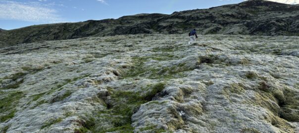 a boy running around on a pillowy hill of moss under a blue sky with a streak of clouds