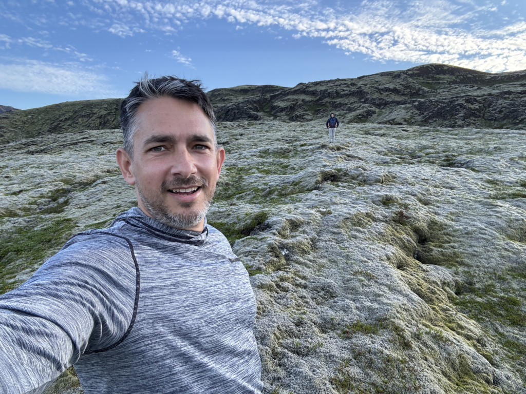 Matt and Max on a field of moss