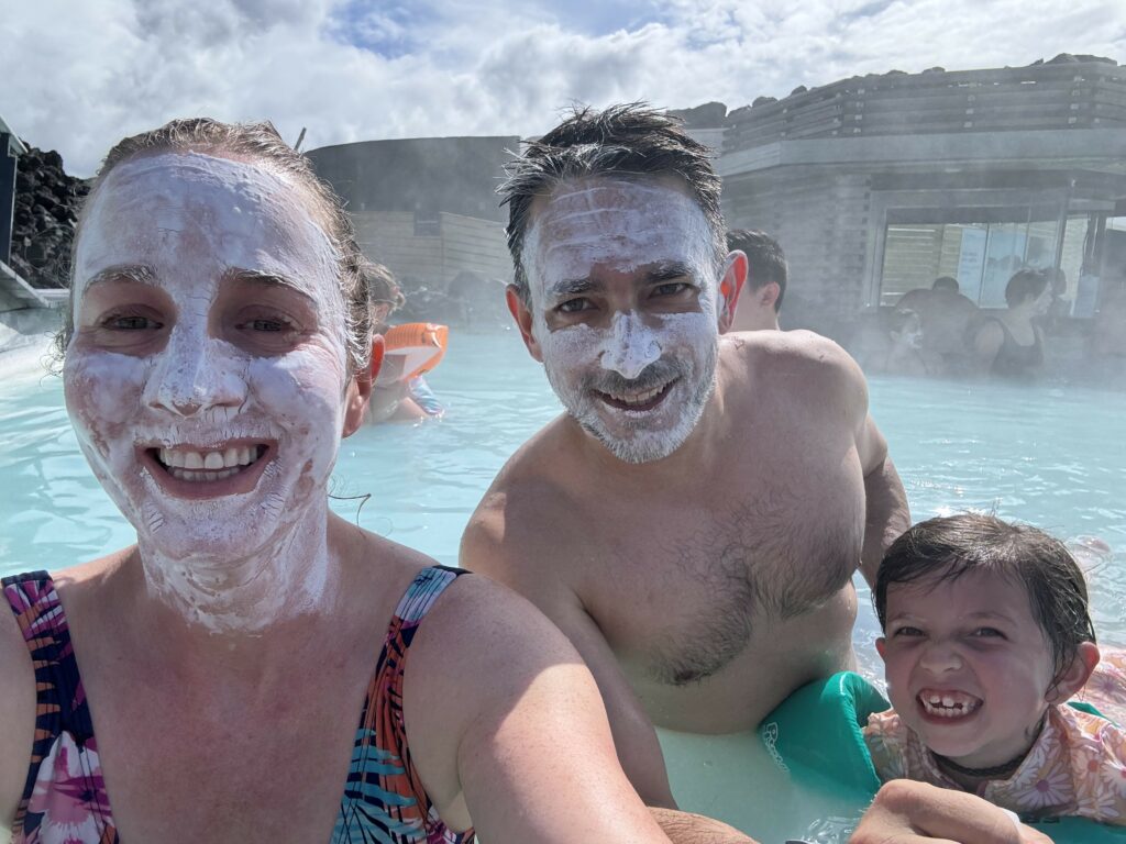 Sam, Matt and Z selfie in the blue lagoon with silica masks